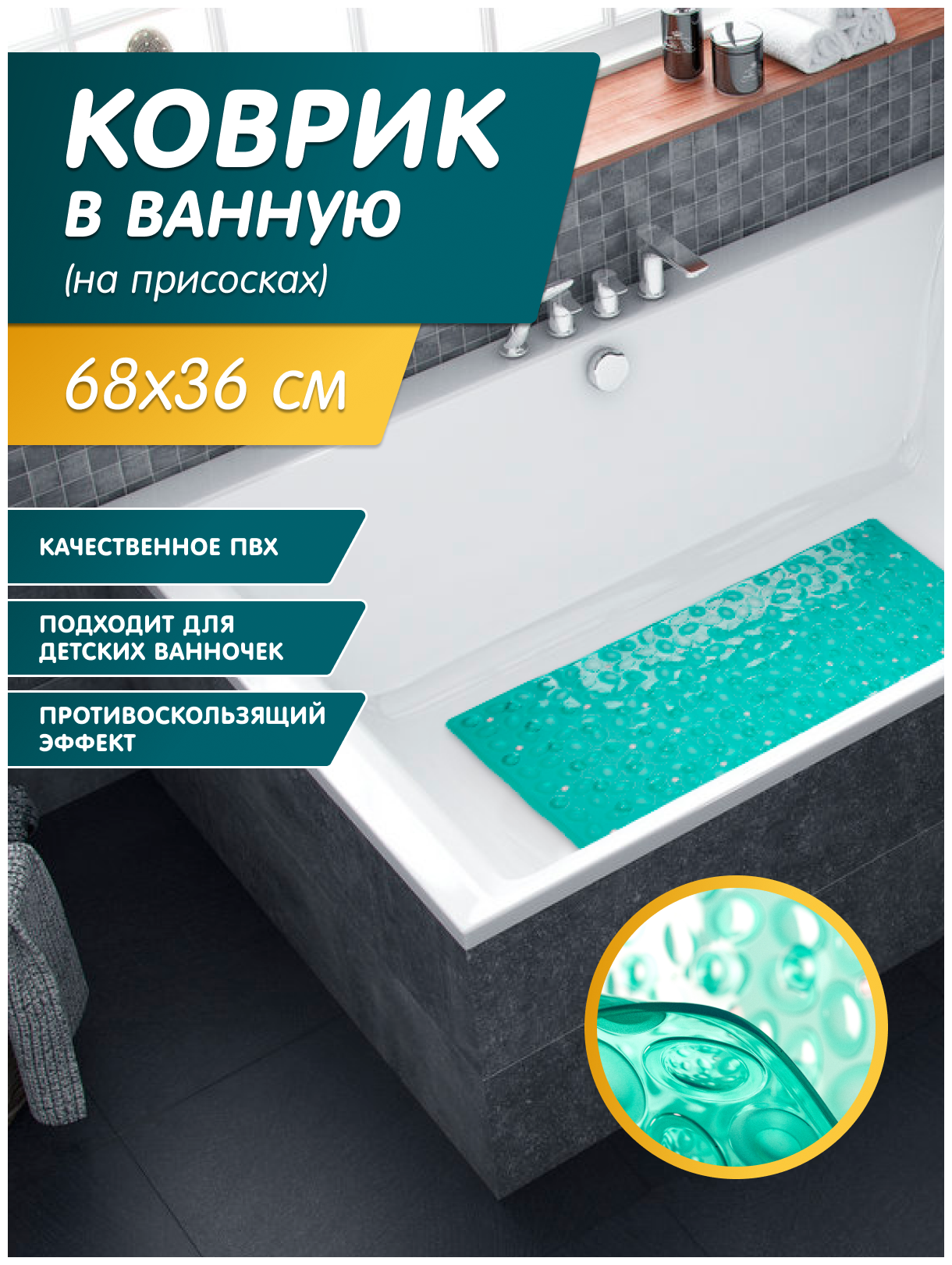 Коврик для ванной и для душевой кабины пвх на присосках размер 68х36 см прямоугольный, бирюзовый