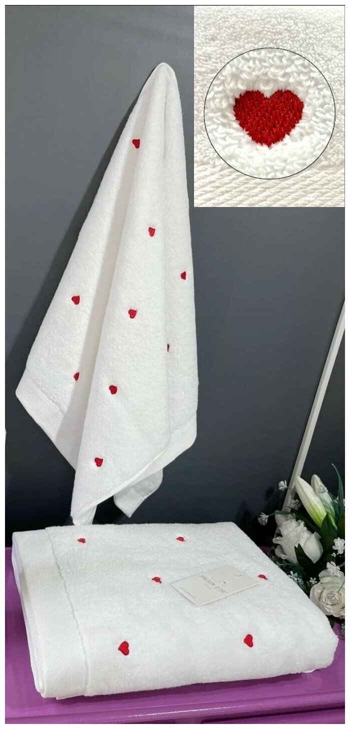 Maison d"or полотенца серии LOVE для лица 50*100 бел/красные сердечки - фотография № 4