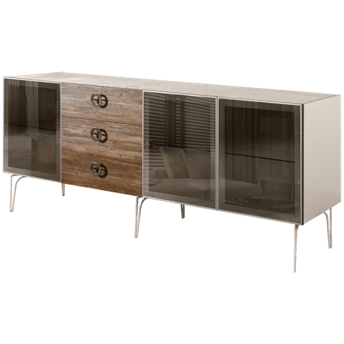 Bogemia Wood Fi Комод (для гостиной) 2.1 (3 двери стекло) (wood (Novabuk) слоновая кость/хром) БМКМ-5(Wo)[5] МебельГолд