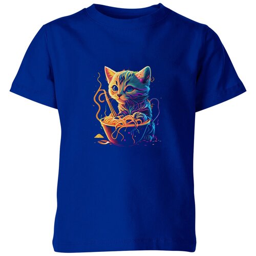 Детская футболка «Котик ест лапшу» (164, синий)