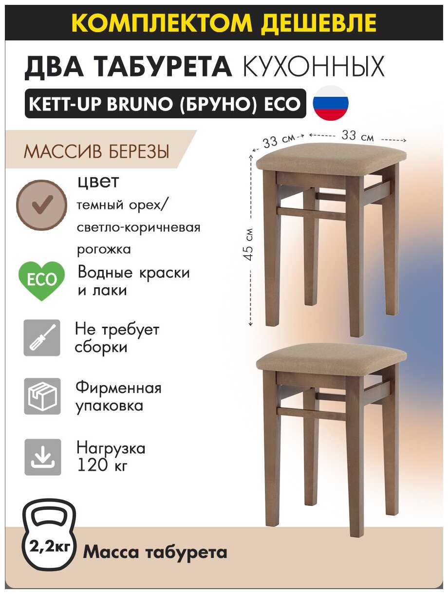 Комплект табуретов (2 штуки) KETT-UP ECO BRUNO деревянный, KU298.2П, цвет темный орех / светло-коричневая рогожка