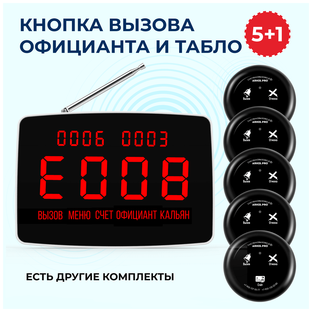 Кнопка вызова администратора, табло уведомления о вызове персонала, беспроводной комплект вызова персонала.