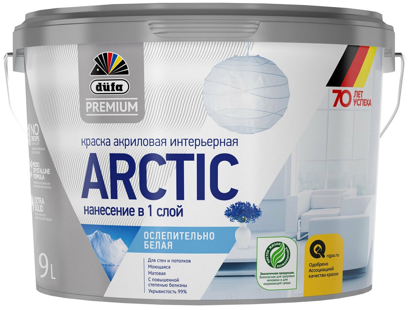 Краска DUFA Premium ARCTIC акриловая интерьерная ослепительно белая база 1 9л