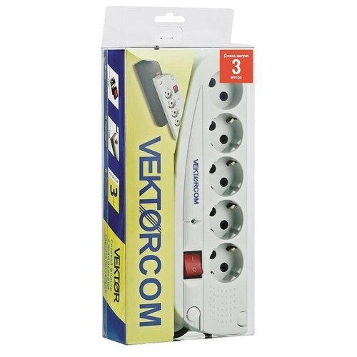 Сетевой фильтр VEKTOR Фильтр сетевой VEKTOR СОМ, 4 роз. с/з+1роз. б/з, 3,0м 005618