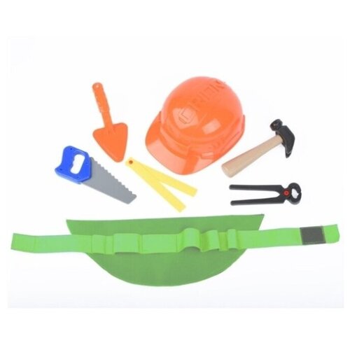 Игровой набор строителя детский 7 предметов Мега Тойс пояс, пила, лопатка, линейка, каска, молоток игрушечный, кусачки