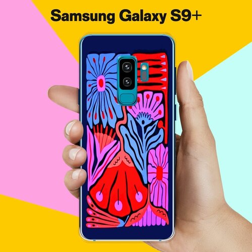 Силиконовый чехол на Samsung Galaxy S9+ Цветы на синем / для Самсунг Галакси С9 Плюс пластиковый чехол космонавт черная дыра на samsung galaxy s9 самсунг галакси с9 плюс