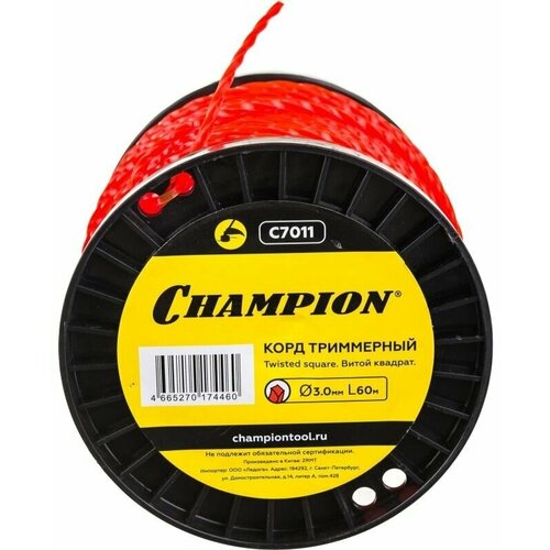 Корд триммерный (леска) CHAMPION Twisted Square 3.0мм* 60м (витой квадрат) C7011 леска champion twisted square 3 0мм 164м витой квадрат нож