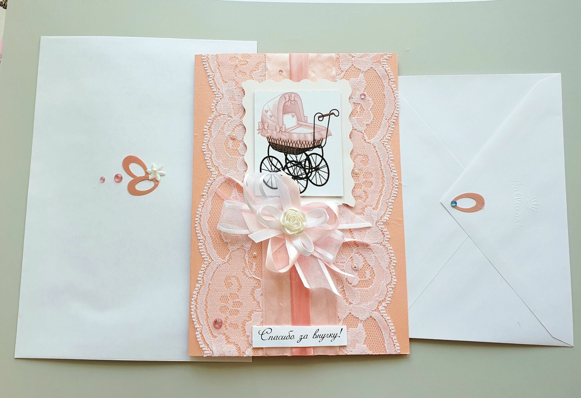 Открытка ручной работы "Спасибо за внучку!", с новорожденной, рождение девочки, а5 + Конверт и конверт для денег
