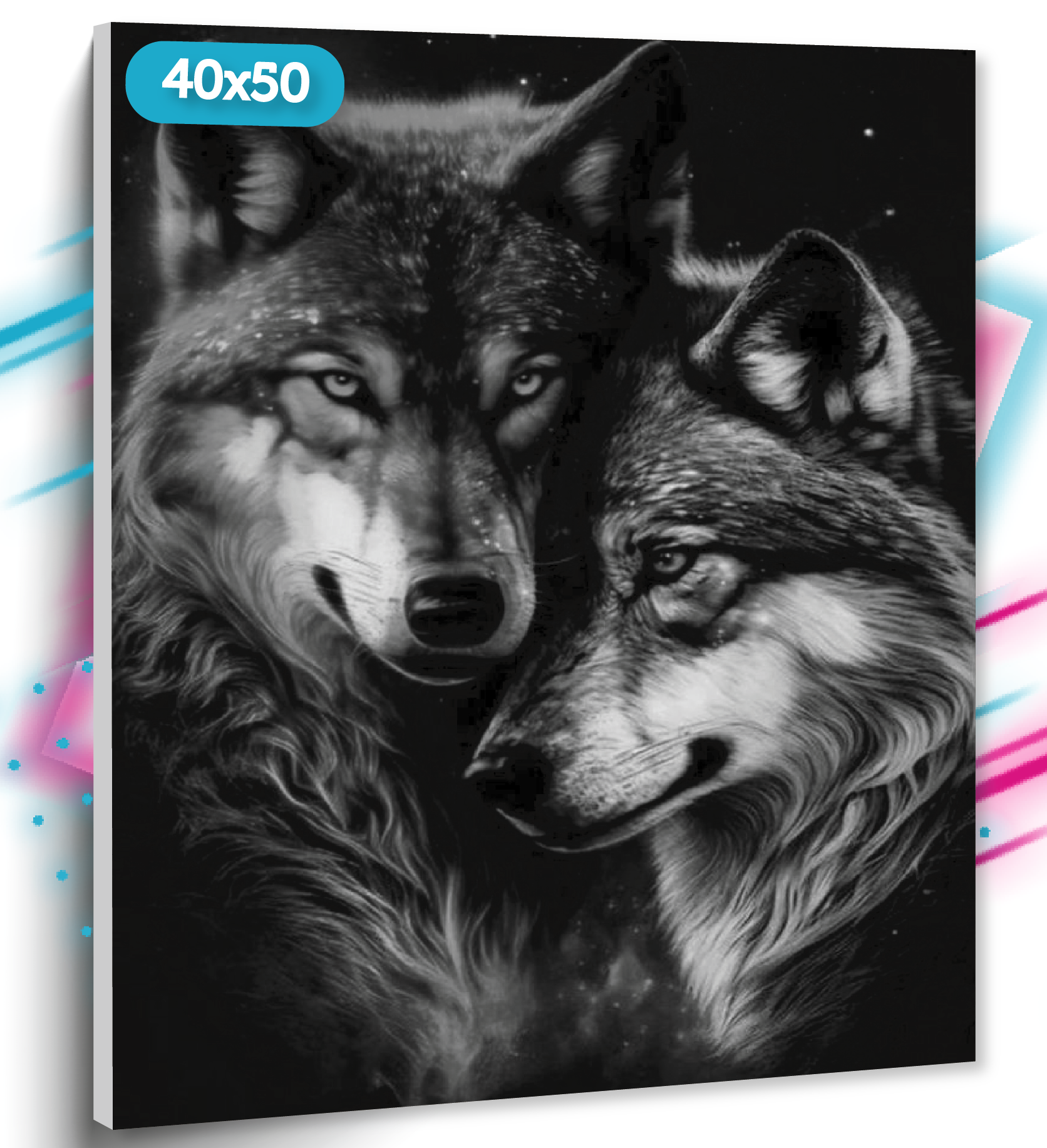 фото Алмазная мозаика на подрамнике "Черно-белые волки" , 40х50 см, Вышивка круглыми стразами, Набор для творчества, Полная выкладка "ТТ"