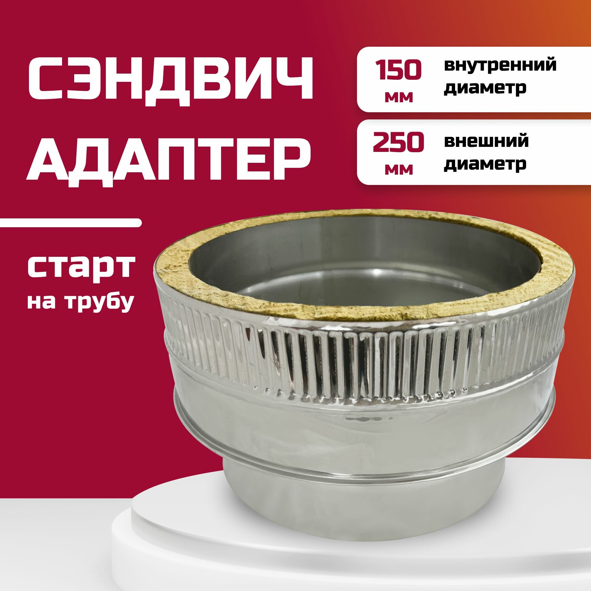 Адаптер сэндвич для дымохода изолированный, двухконтурный D150м/150-250м (304-0,5/430-0,5) росстин