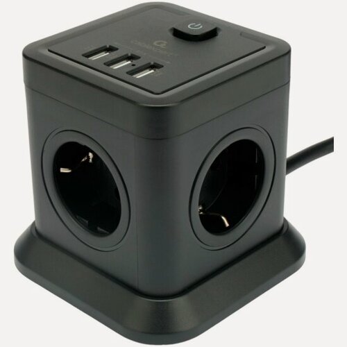 Изображение товара Сетевой фильтр Cablexpert Tower 4 розетки, 10А, 3xUSB, 3.1А, 3м, черный, коробка (TWR-4-U3-B-3)