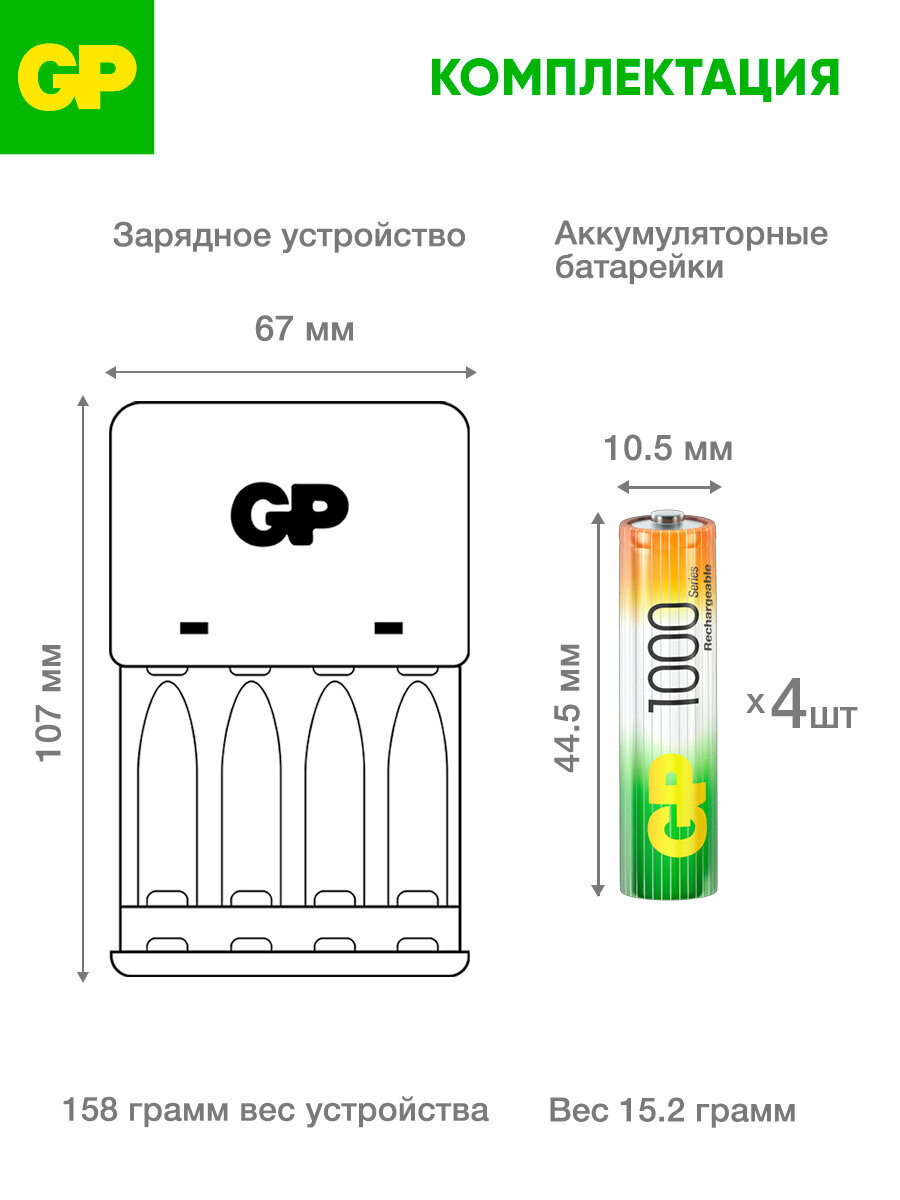Зарядное устройство GP для аккумуляторных батареек АА и ААА на 4 слота, с аккумуляторами ААА 1000 mAh NiMH, набор 4 шт — фото 1