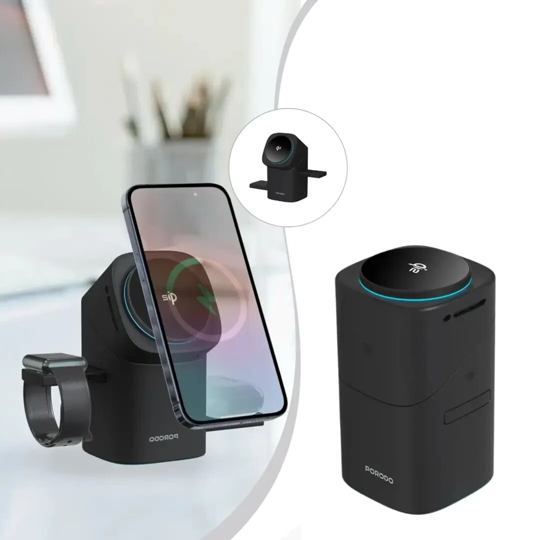 Беспроводная зарядка Porodo 3-в-1 с Type-C — станция для телефона, часов и наушников (15W быстрая зарядка)