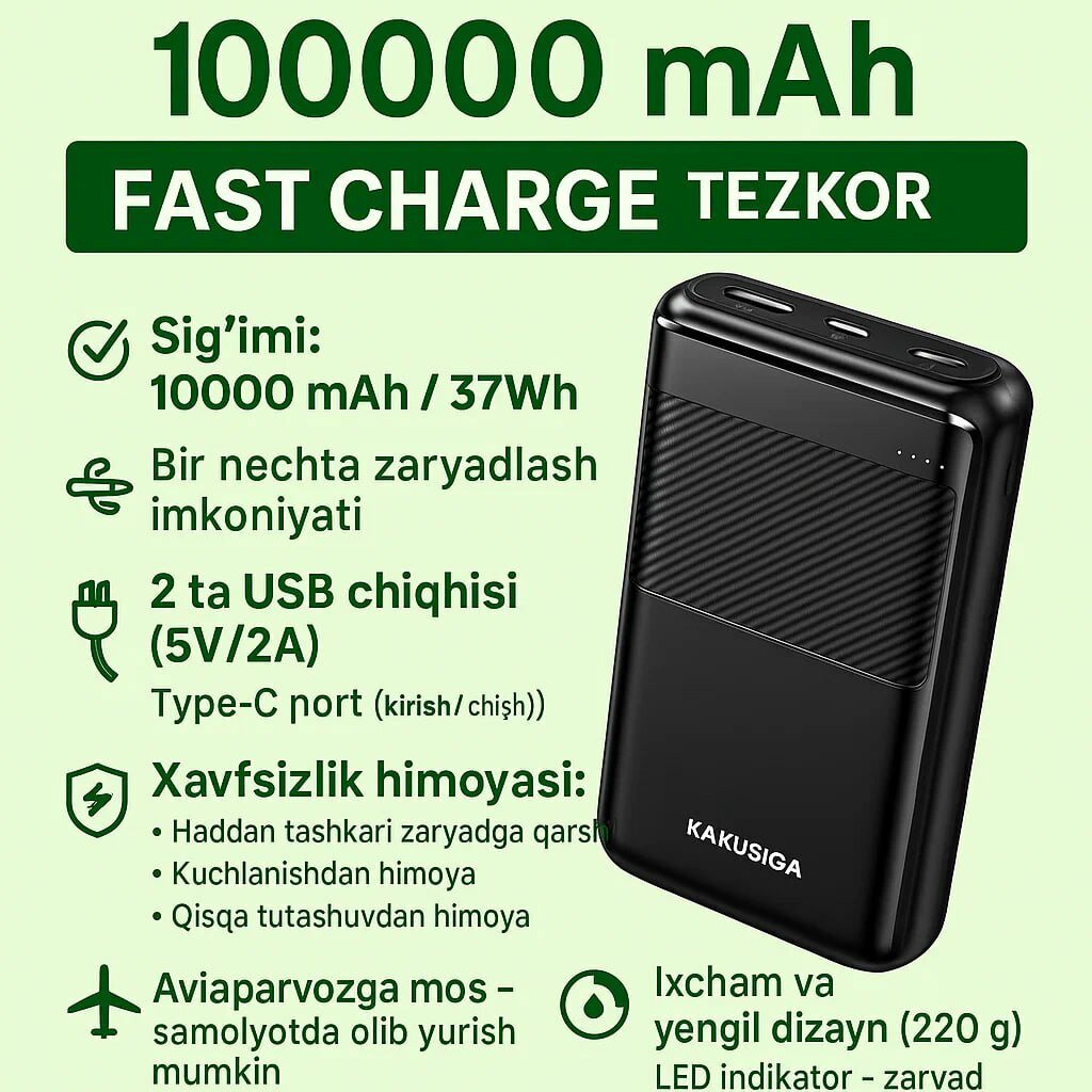 Внешний аккумулятор KAKUSIGA, 10000mAh, быстрая зарядка, 2 USB, Type-C, черный