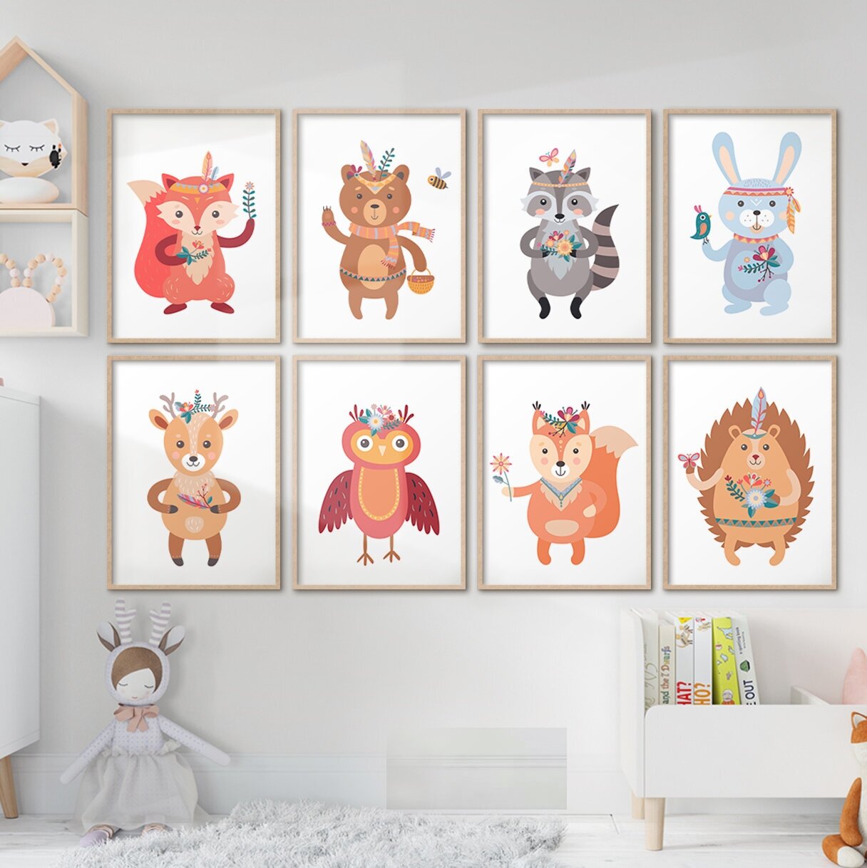 Набор постеров для детской "Животные в стиле Бохо" 21x30 без рамки 8 шт в тубусе / Картины для интерьера / Плакаты / Постеры на стену