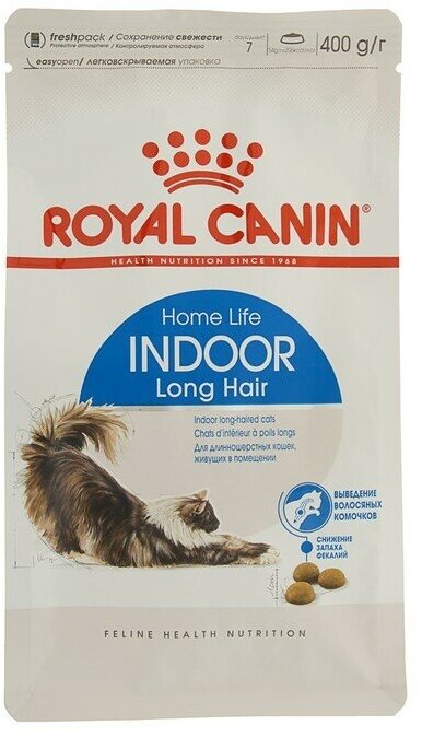 Сухой корм Royal Canin Indoor Long Hair сбалансированный для взрослых длинношерстных кошек живущих в помещении, 400г