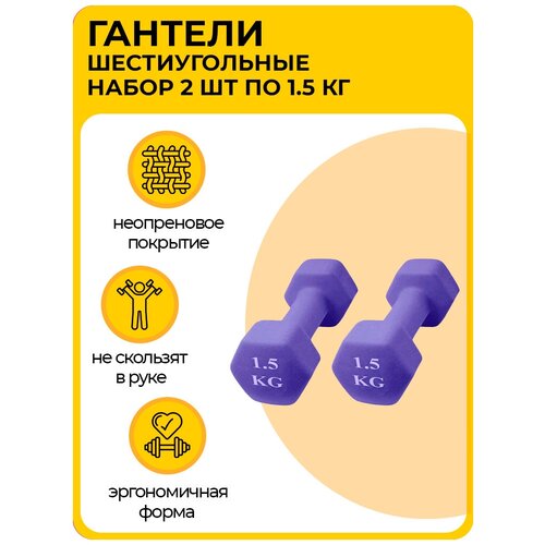 Шестиугольная гантель 1,5 кг, фиолетовые, 2 шт