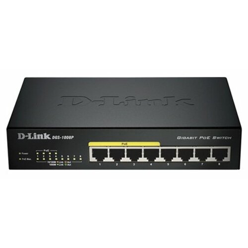 D-Link DGS-1008P/E1A Неуправляемый коммутатор с 8 портами 10/100/1000Base-T, функцией энергосбережения и поддержкой QoS