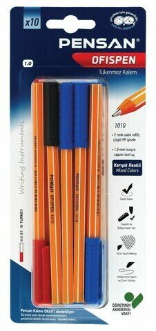 Ручки масляные PENSAN "Officepen", набор 10 шт, ассорти, узел 1 мм, линия письма 0,5 мм, 1010/B10