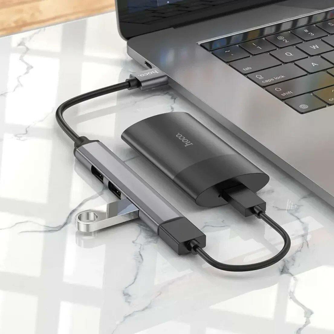 USB HUB USB - USB30+USB20*3 HOCO HB26 4 in 1 цвет: металический темно серый оранжевая упаковка