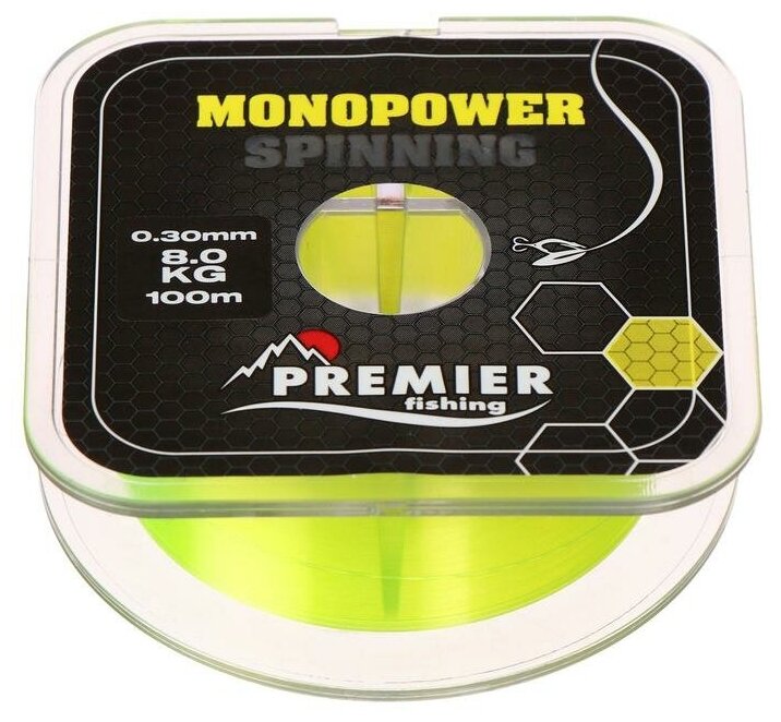 Леска Preмier fishing MONOPOWER Spinning, диаметр 0.3 мм, тест 8 кг, 100 м, флуоресцентная желтая