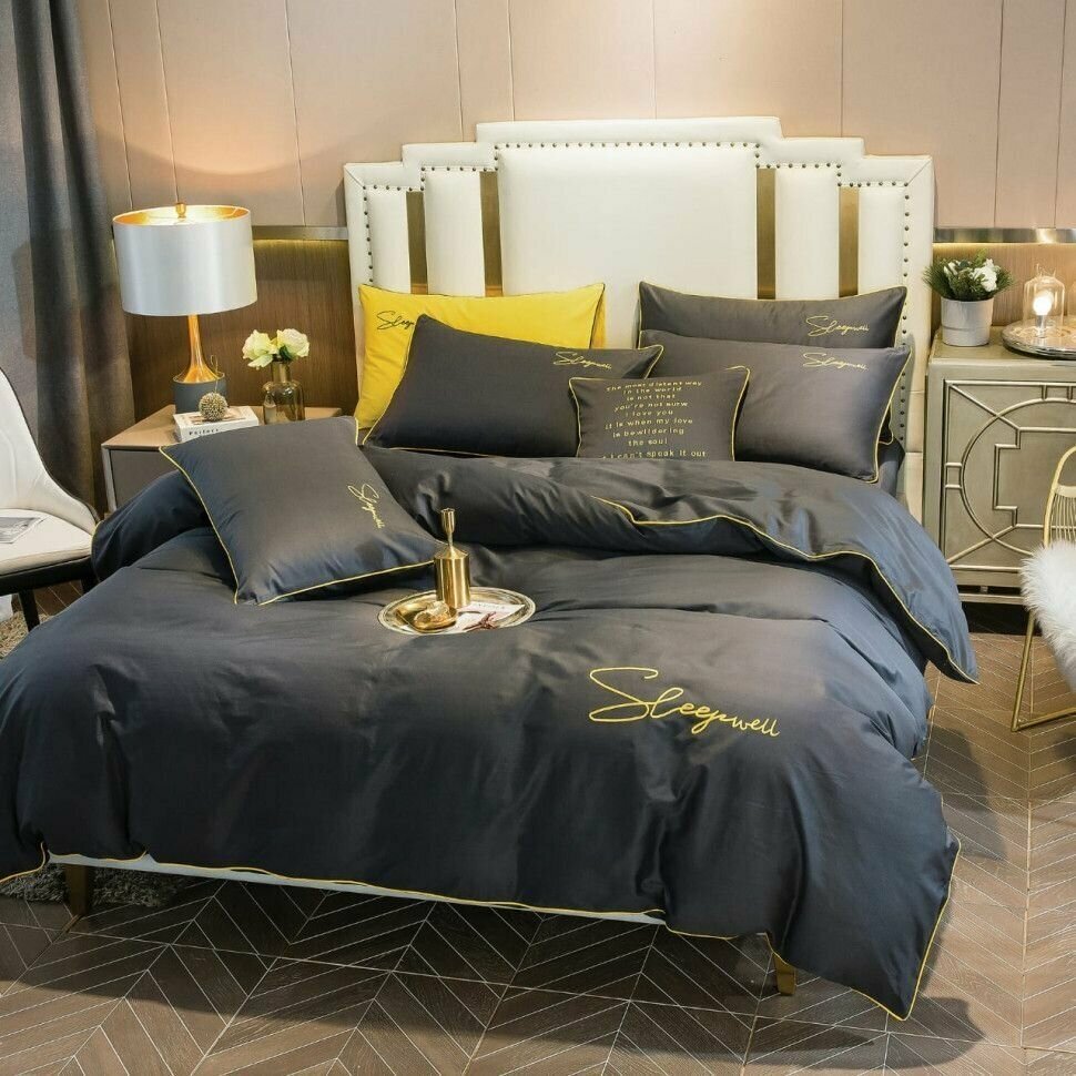 фото Комплект постельного белья Boris/ Евро / Однотонный с вышивкой