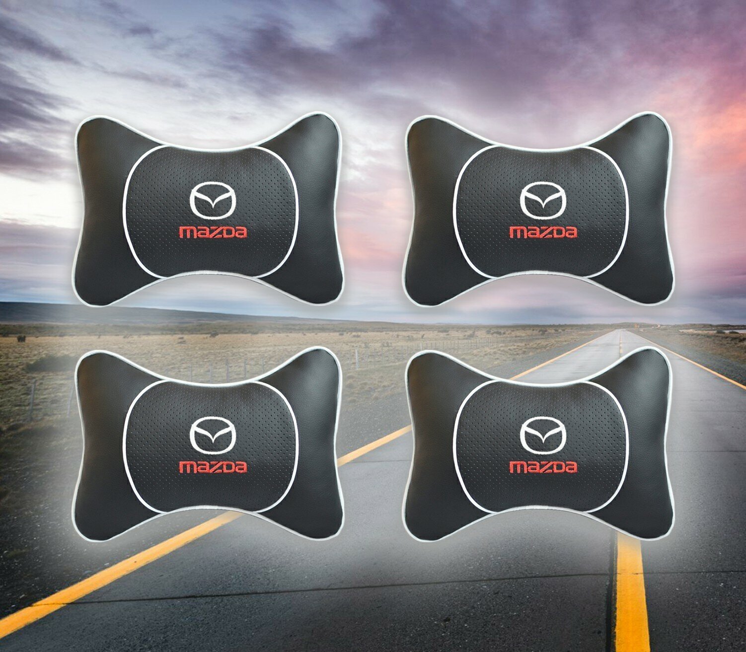 Комплект автомобильных подушек под шею на подголовник с вставкой из черной экокожи и вышивкой для Mazda (мазда) (4 подушки)