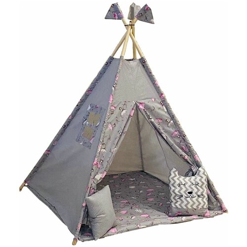 Детский Вигвам с ковриком, окошком, подушкой-игрушкой, подушкой, флажки - 4 шт., кармашек для игрушек и системой антискладывания 