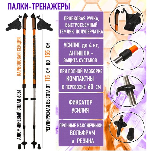 Палки для скандинавской ходьбы с усилием Elastic Energy ЕЕ4-orange, оранжевые (сопротивление 4кг)