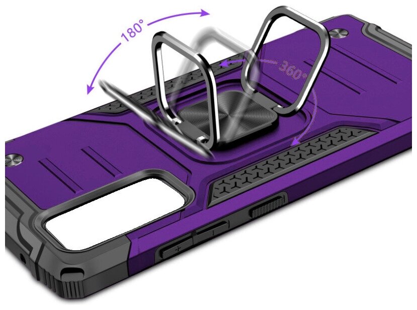 Противоударный чехол для iPhone 6 / 7 / 8 / SE 2020 / SE 2022 фиолетовый с пластиной для магнитного автодержателя и кольцом подставкой - фотография № 4