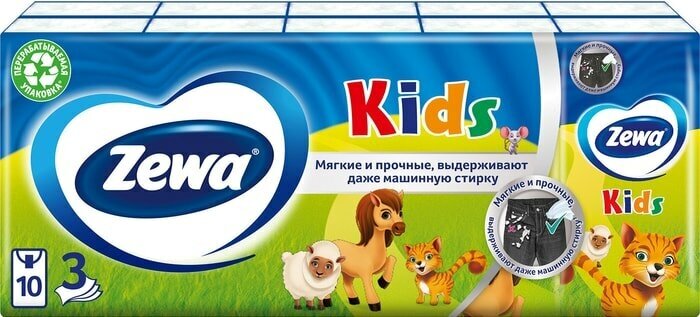 Носовые Платки Zewa Kids детские 3 слоя 10*10шт