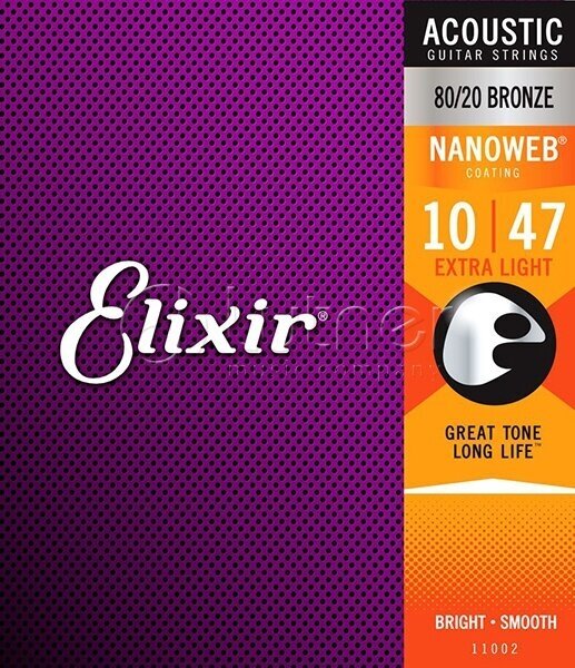 Elixir 11002 NANOWEB - комплект струн для акустической гитары, Extra Light, бронза 80/20, 10-47