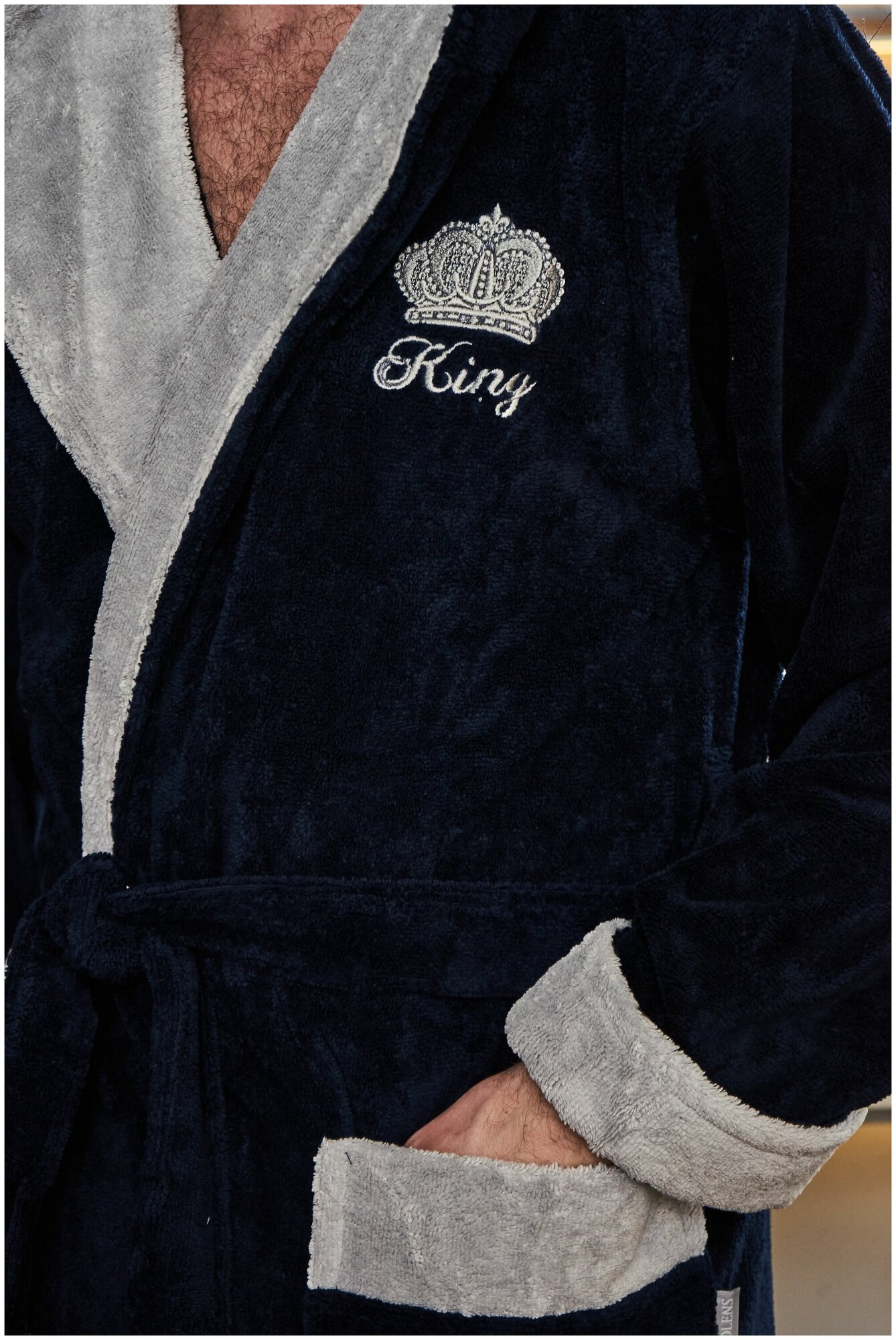 Халат мужской велюровый KING с капюшоном Синий 5XL - фотография № 14