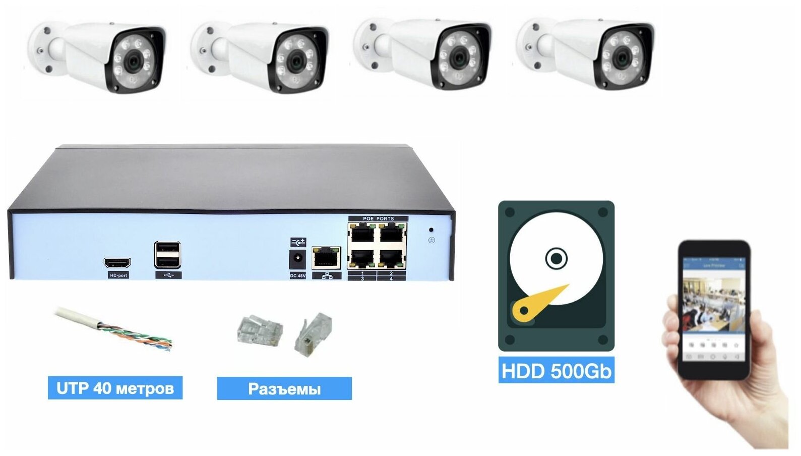 Полный IP POE комплект видеонаблюдения на 4 камеры (KIT4IPPOEIB5_HDD500GB_UTP-2)