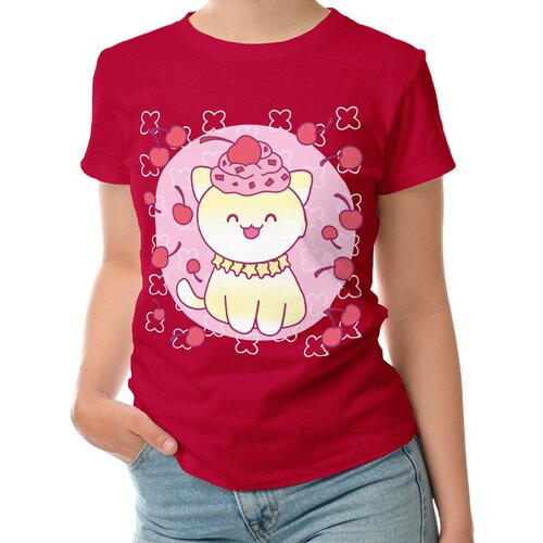 Женская футболка «вишневый котик» (XL, темно-синий)