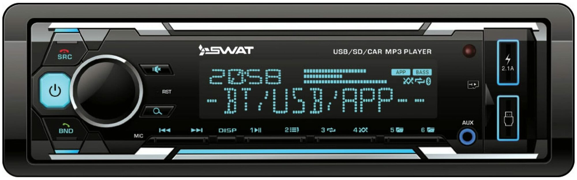 Автомагнитола SWAT WX-2101UB 1DIN / 4х50вт / Bluetooth / MP3 / USB / SD / 2RCA / цветная подсветка / Пульт ДУ