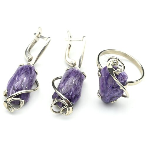 Комплект бижутерии: серьги, кольцо, чароит, размер кольца 18.5, фиолетовый