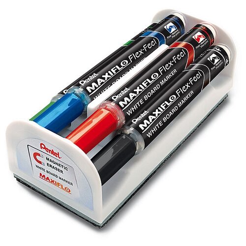 Набор маркеров Pentel для досок, Maxiflo Flex-Feel, 5 мм кисть, 4 цвета, с магнитной губкой