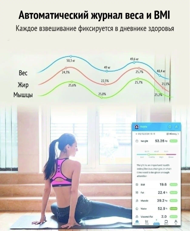 Напольные умные весы с расчётом 12 показателей качества тела совместимые для Android, IOS , черные - фотография № 5