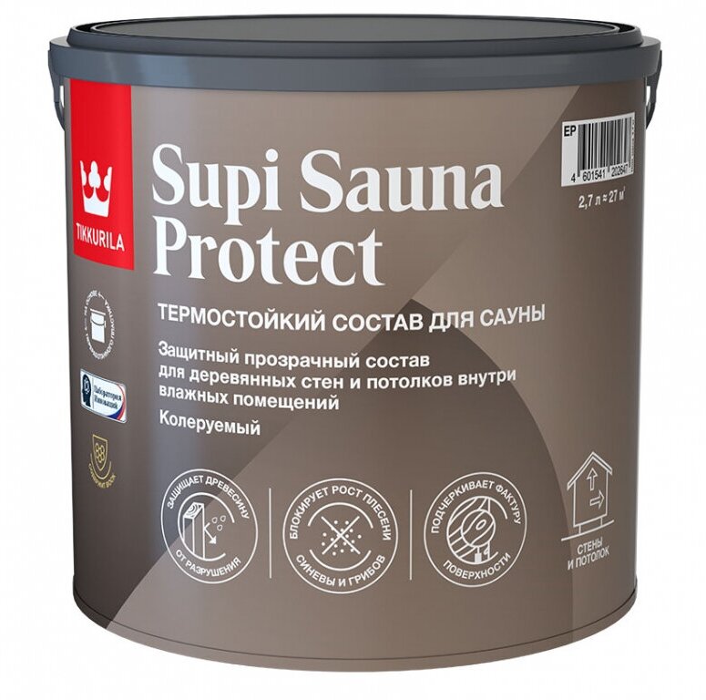 TIKKURILA супи сауна протект Состав защитный для стен и потолков в бане и сауне (2,7л)