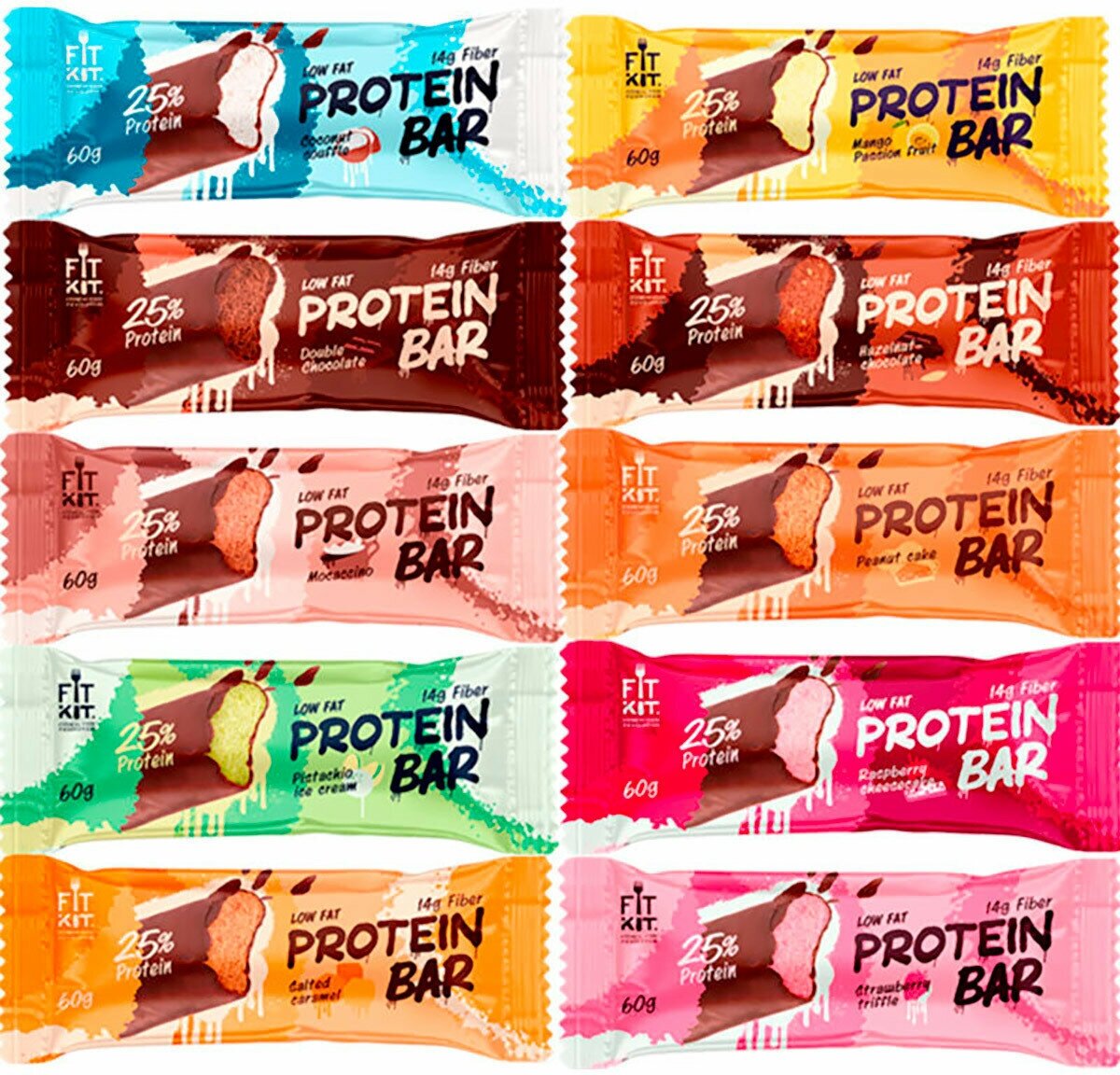 Fit Kit Протеиновый батончик без сахара Protein BAR, ассорти всех вкусов 10шт по 60г