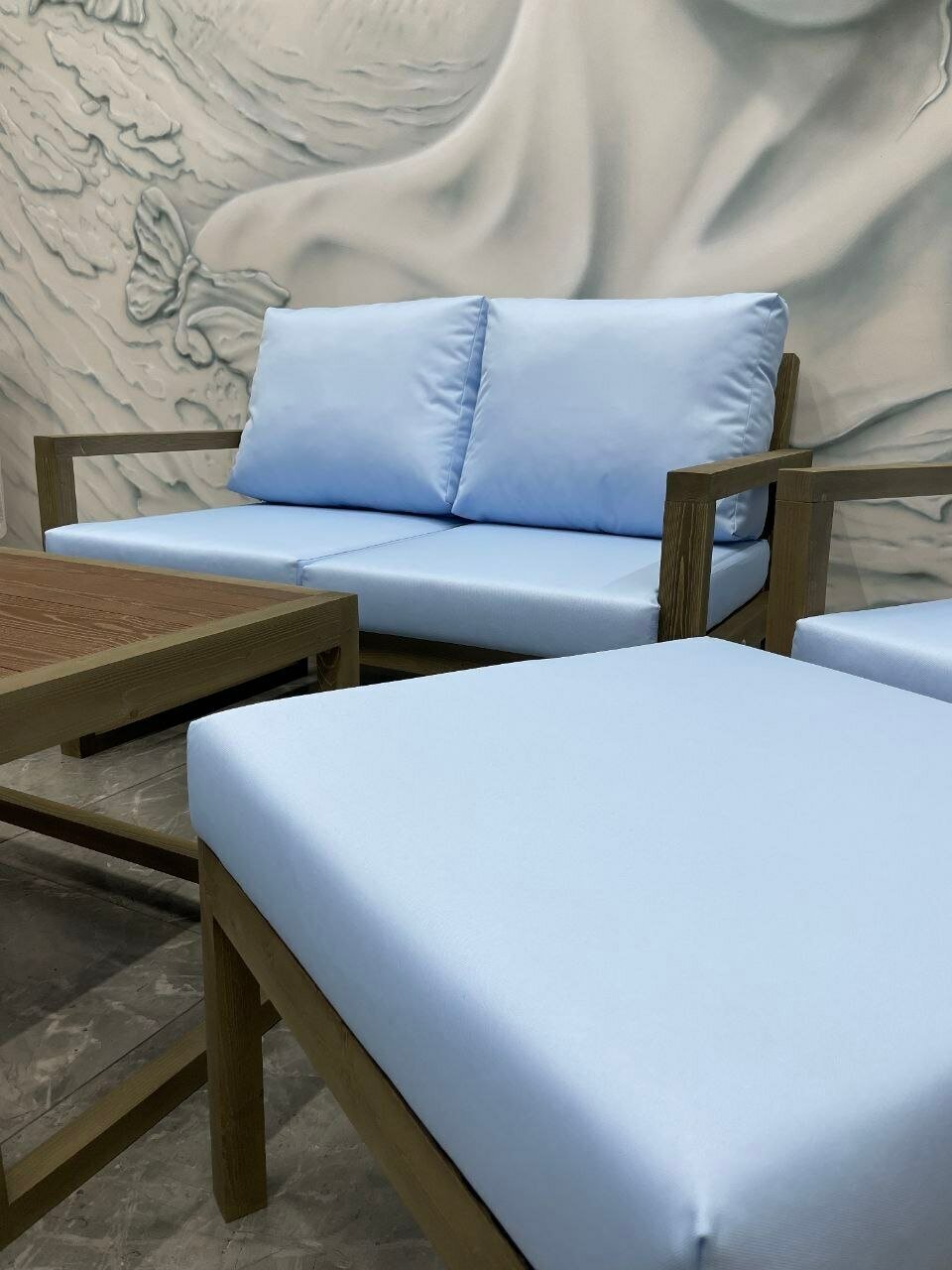Комплект садовой мебели (диван, кресло, стол, пуфик), цвет: голубой 2.0 - фотография № 6