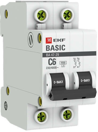 Автоматический выключатель EKF BASIC ВА 47-29 2P, 6A, C, 4,5кА