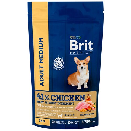 BRIT PREMIUM DOG ADULT MEDIUM для взрослых собак средних пород с курицей (3 кг х 3 шт) frais signature adult dog rabbit для взрослых собак средних и крупных пород с чувствительным пищеварение с кроликом 3 кг х 4 шт