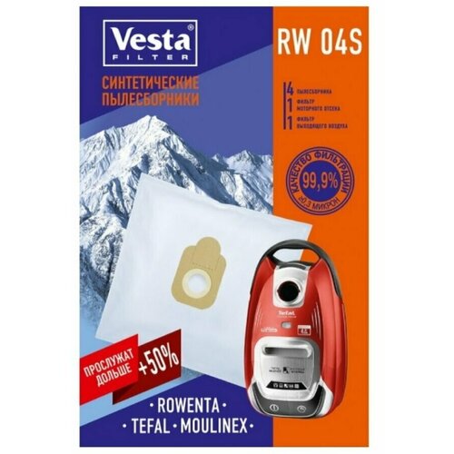 Мешки пылесборники Vesta Filter RW04S синтетические для Rowenta / Tefal / Moulinex / hygiene+ (4 мешка + 2 фильтра)