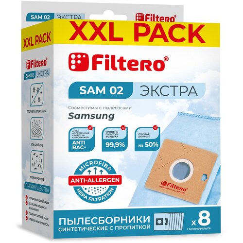 Мешки-пылесборники Filtero SAM 02 XXL Pack Экстра, для пылесосов SAMSUNG, синтетические, 8 штук+фильтр мешки пылесборники filtero mie 04 xxl pack экстра для пылесосов miele синтетические 6 штук