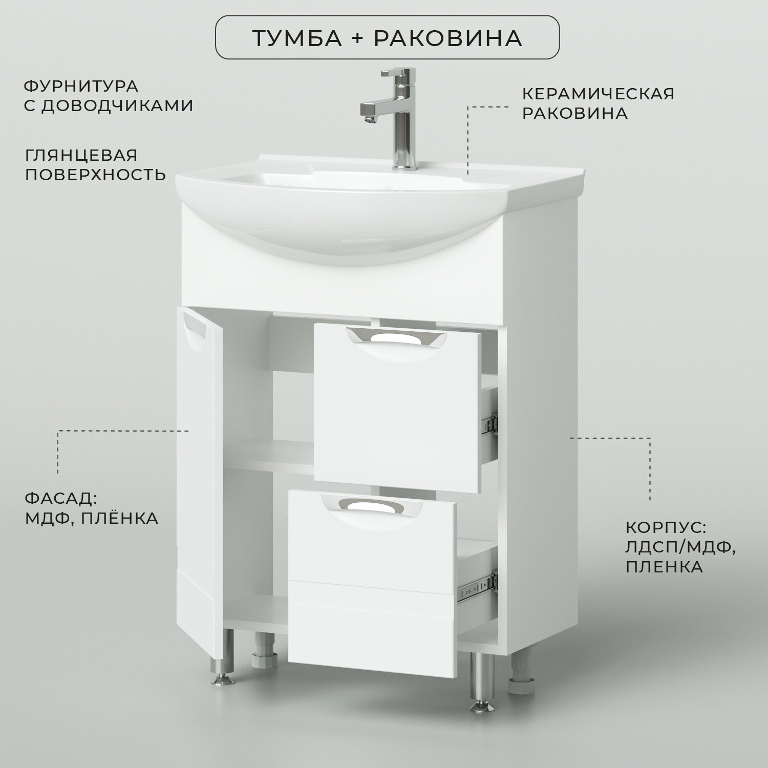 Тумба с раковиной в ванную / Тумба для ванной / Раковина с тумбой для ванной IKA Адель 65 650х445х870 Белый глянец напольная - фотография № 3