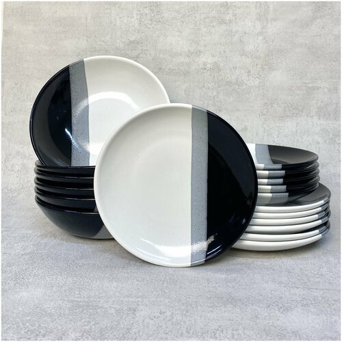 Набор посуды столовой на 6 персон, 18 предметов, тарелки керамика, белый с черными полосками