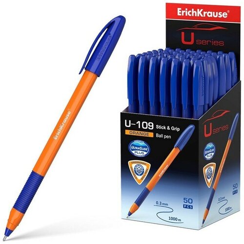 Ручка шариковая ErichKrause U-109 Orange Stick&Grip, игольчатый узел 1,0 мм, чернила синие, ультра-мягкое письмо