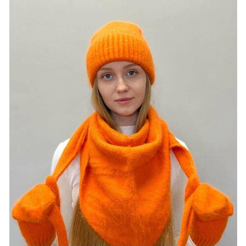фото Косынка классический зимняя, ангора, утепленная, размер 56, оранжевый fashion time